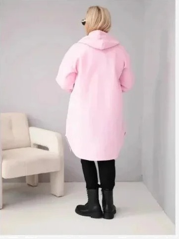 Dámsky kabát Plus Size s kapucňou zapínaný na gombíky cukríková ružová