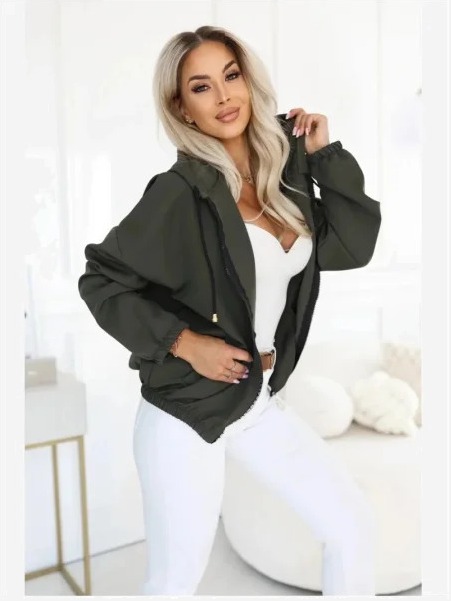 691-4 Dámska rozopínacia mikina s kapucňou a ozdobným zipsom - khaki