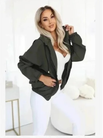 691-4 Dámska rozopínacia mikina s kapucňou a ozdobným zipsom - khaki
