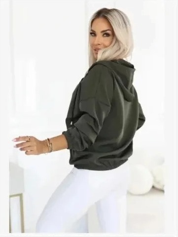 691-4 Dámska rozopínacia mikina s kapucňou a ozdobným zipsom - khaki