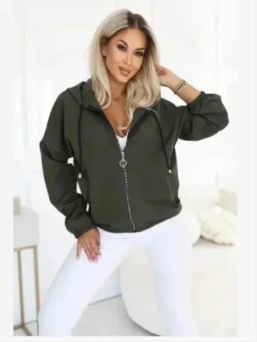691-4 Dámska rozopínacia mikina s kapucňou a ozdobným zipsom - khaki
