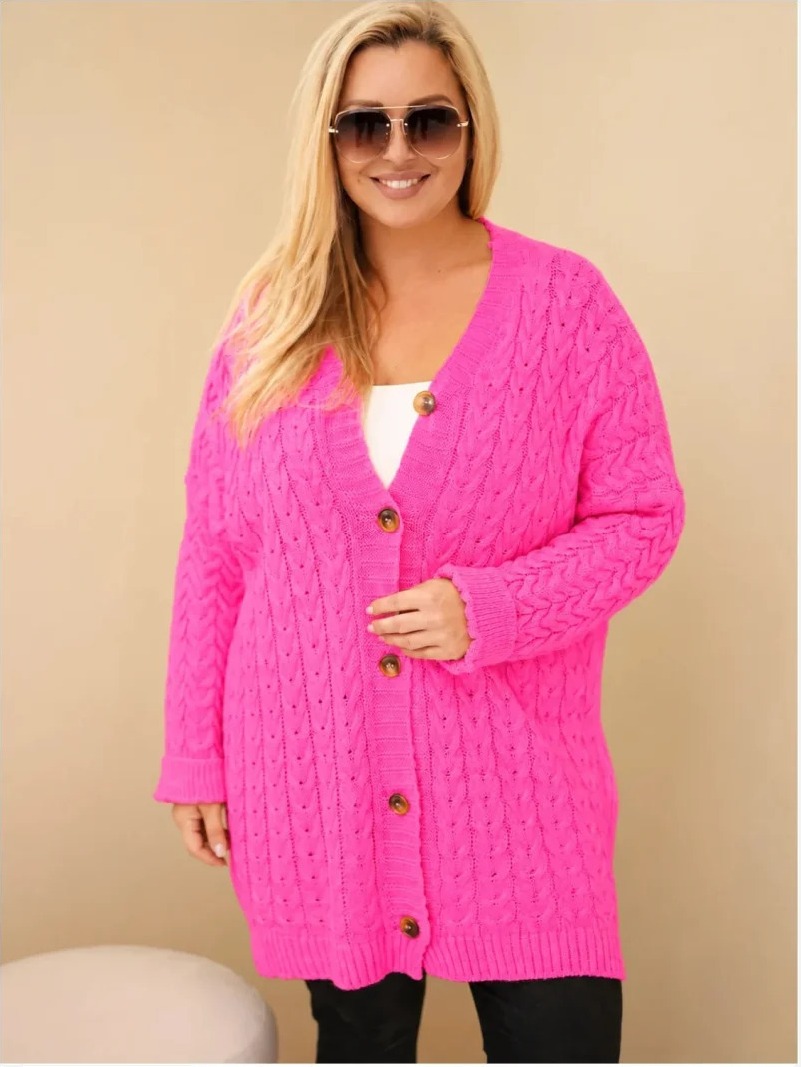Dámsky kardigán Plus Size s gombíkmi a vrkočovým vzorom Ružová neon