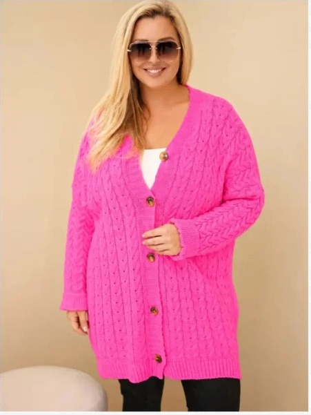 Dámsky kardigán Plus Size s gombíkmi a vrkočovým vzorom Ružová neon