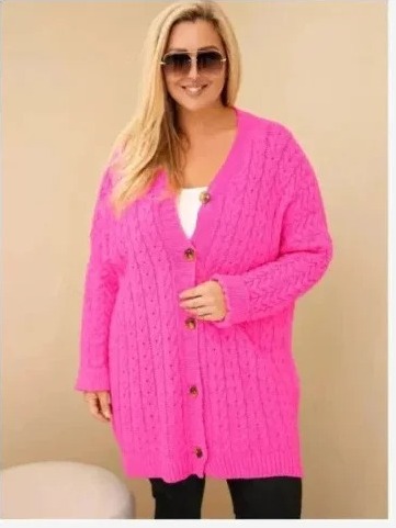 Dámsky kardigán Plus Size s gombíkmi a vrkočovým vzorom Ružová neon