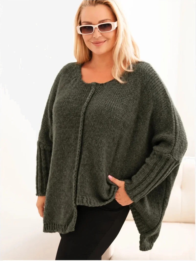 Dámsky sveter Plus Size z akrylom vo voľnom strihu a rukávom 3/4 hnedožltý