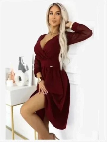 657-3 Elegantné midi šaty s prekladaným výstrihom a tylovými rukávmi - bordó