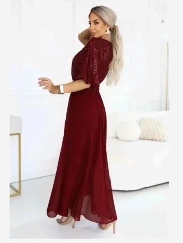 705-1 ELVIA Spoločenské maxi šaty s flitrovým topom a ozdobným opaskom - bordó