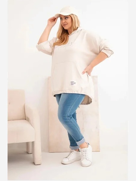 Dámska mikina Plus Size s kapucňou a potlačou béžová