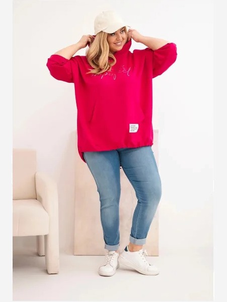 Dámska mikina Plus Size s kapucňou a potlačou fuksia
