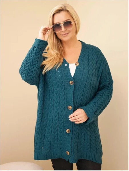 Dámsky kardigán Plus Size s gombíkmi a vrkočovým vzorom morský modrý