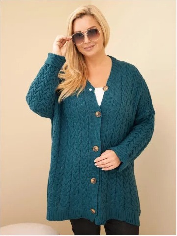 Dámsky kardigán Plus Size s gombíkmi a vrkočovým vzorom morský modrý
