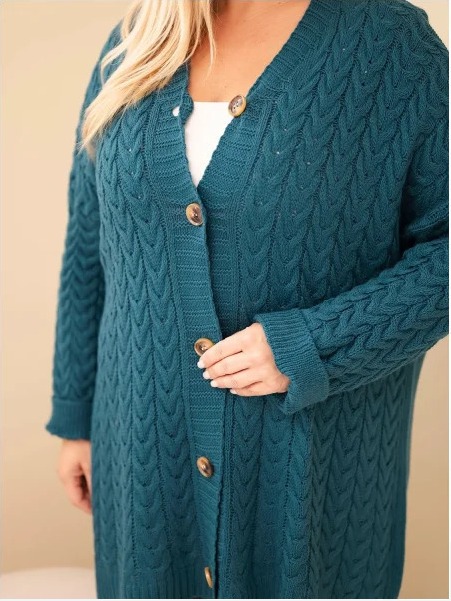 Dámsky kardigán Plus Size s gombíkmi a vrkočovým vzorom morský modrý