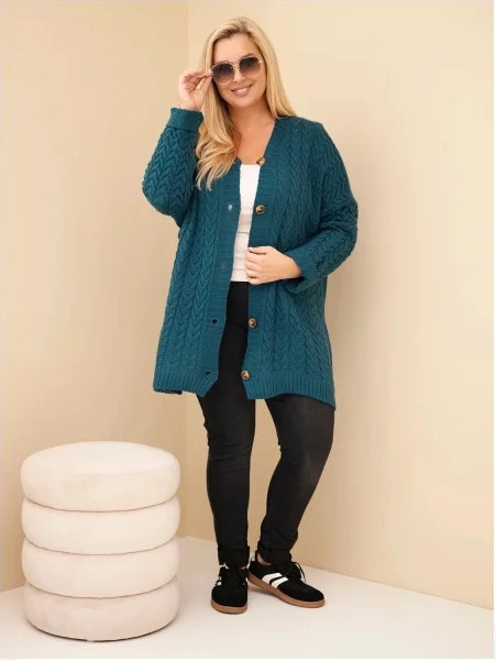 Dámsky kardigán Plus Size s gombíkmi a vrkočovým vzorom morský modrý
