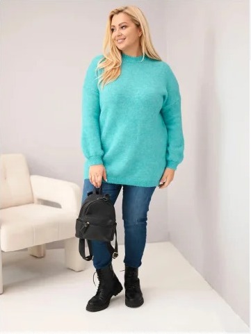 Dámsky sveter Plus Size voľného strihu s dlhým rukávom mäta zelená