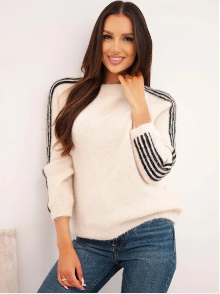 Sveter dámsky s prímesou vlny a mohéru s pásikmi na rukávoch béžový+čierny
