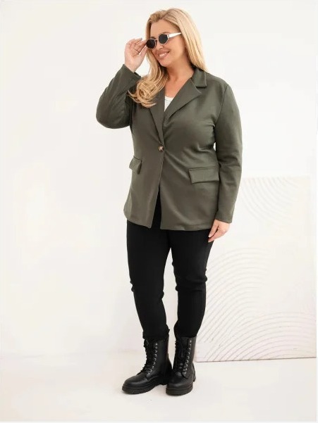 Dámska blazerka z viskózy Plus Size s dlhým rukávom a golierom tmavozelená mätová