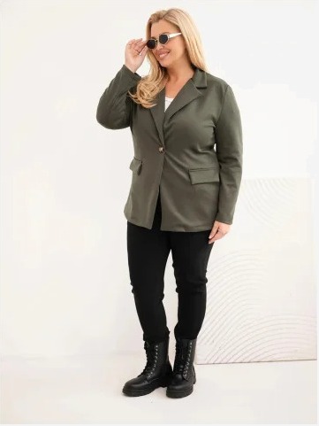 Dámska blazerka z viskózy Plus Size s dlhým rukávom a golierom tmavozelená mätová
