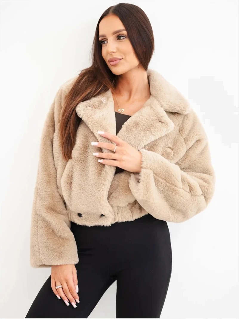 Bunda dámska kožušinová bomber s golierom a vreckami camel