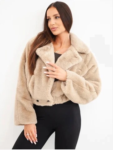 Bunda dámska kožušinová bomber s golierom a vreckami camel