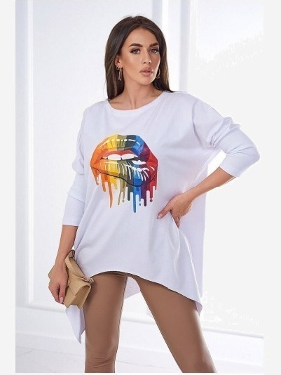 sveter oversize s potlačou dúhových pier biela