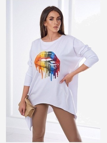 sveter oversize s potlačou dúhových pier biela