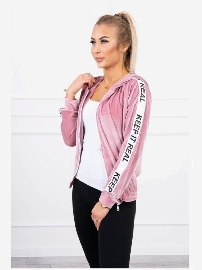 Velúrová mikina s kapucňou púdrovo ružová