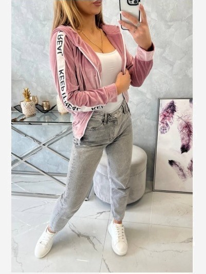 Velúrová mikina s kapucňou púdrovo ružová