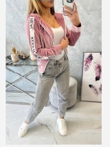 Velúrová mikina s kapucňou púdrovo ružová